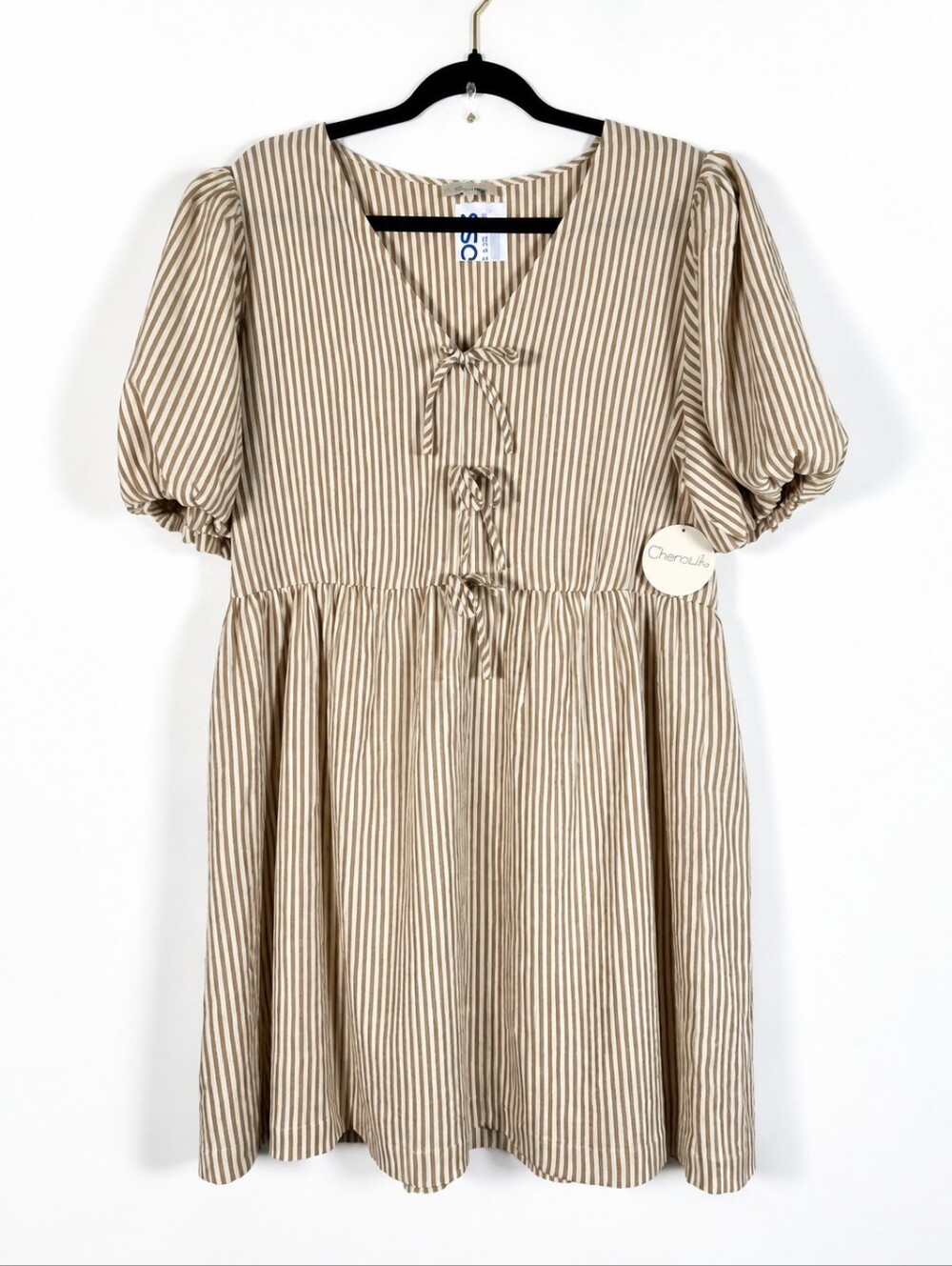 Chenault NWT Beige and White Striped Tie-Front Mini Dress